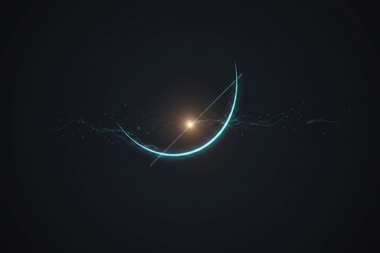 Deriva emblem — a fixed origin, a curve, its tangent, and drift measured back toward the origin